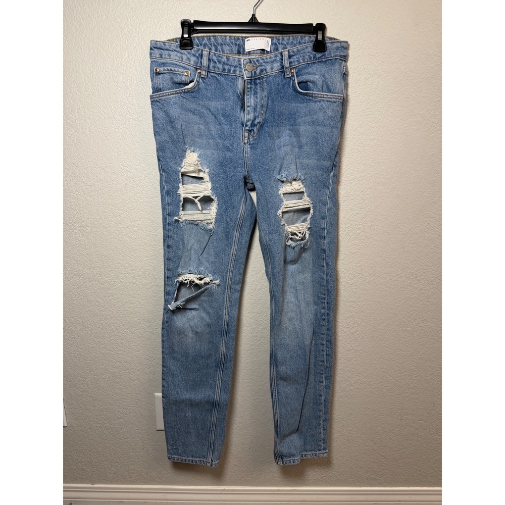 ASOS DESIGN Women's W32 L32 Slim Fit Distressed Ripped Blue Jeans Tapered Leg